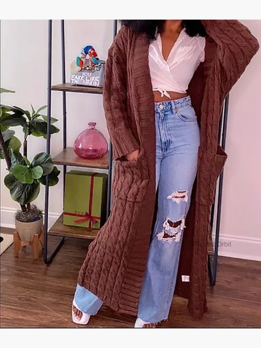 Chunky Cable Knit Open Front Cardigan with Pockets Long Maxi - Picture 5 of 5